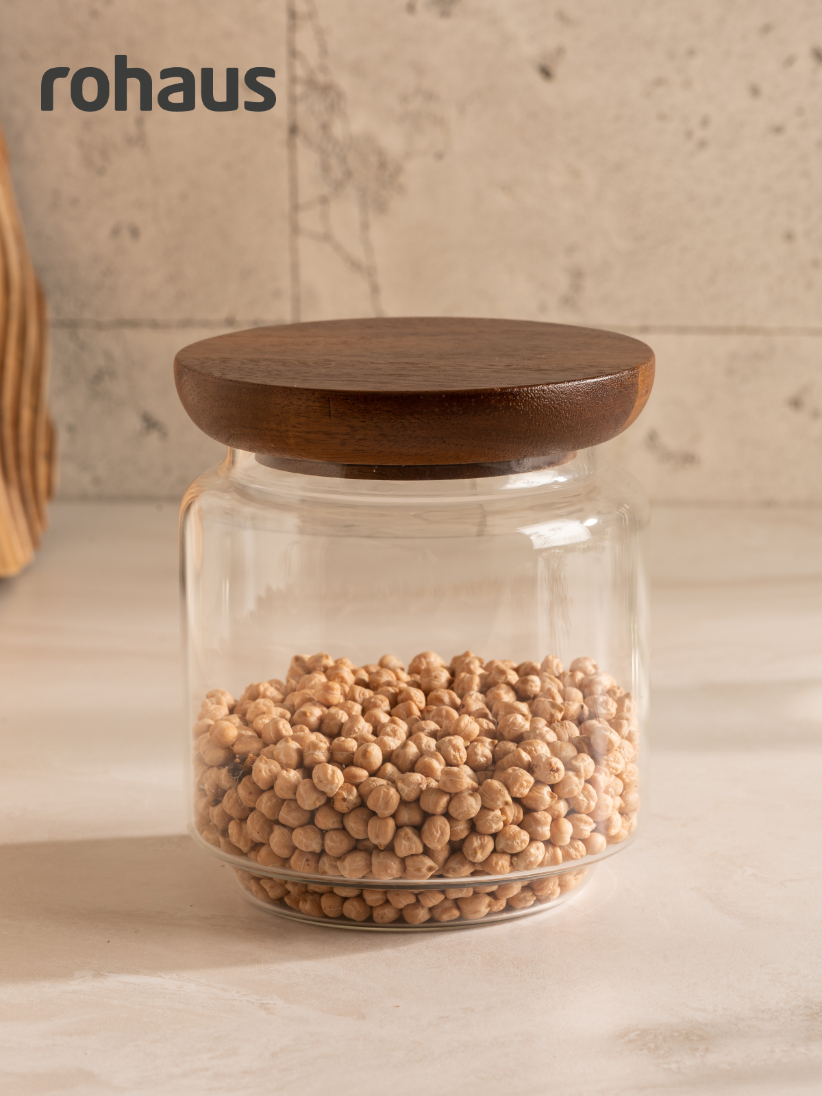 Банка для хранения еды и сыпучих продуктов из жаропрочного стекла Rohaus с деревянной крышкой - 1150 мл