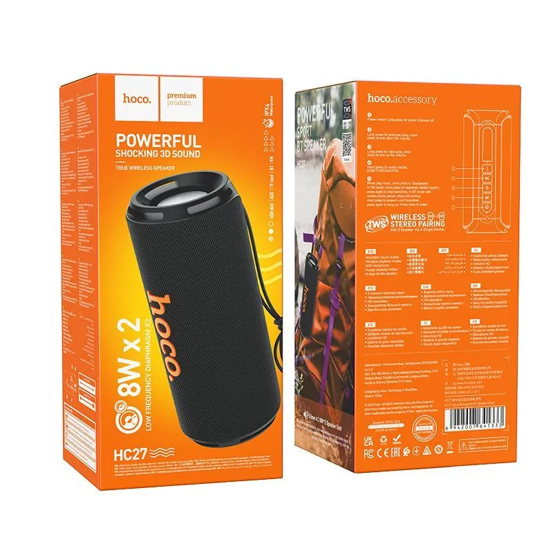 Колонка Hoco HC27 беспроводная, 2×52 мм, 2×8 Вт, microSD, USB, AUX, FM, чёрная, поддержка карты памяти