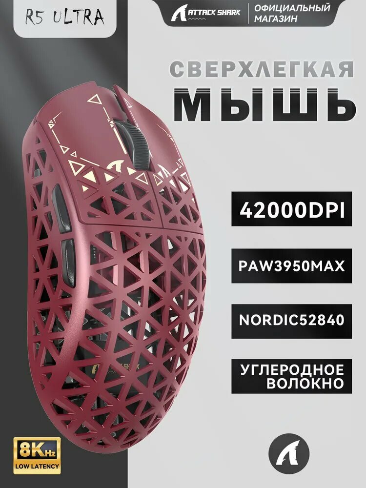 Игровая мышь Attack Shark R5Ultra, беспроводная, датчик PixArt PAW3950, 100млн нажатий