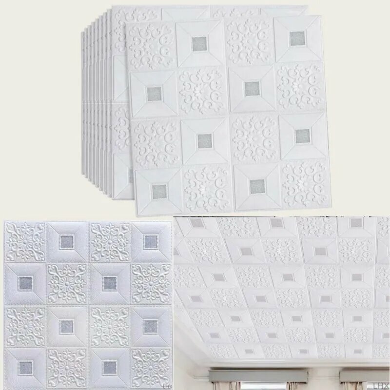 Панели (комплект 10 шт) самоклеющиеся для стен декоративные3D мягкие 70х70 см толщина 2.5 мм серебристый