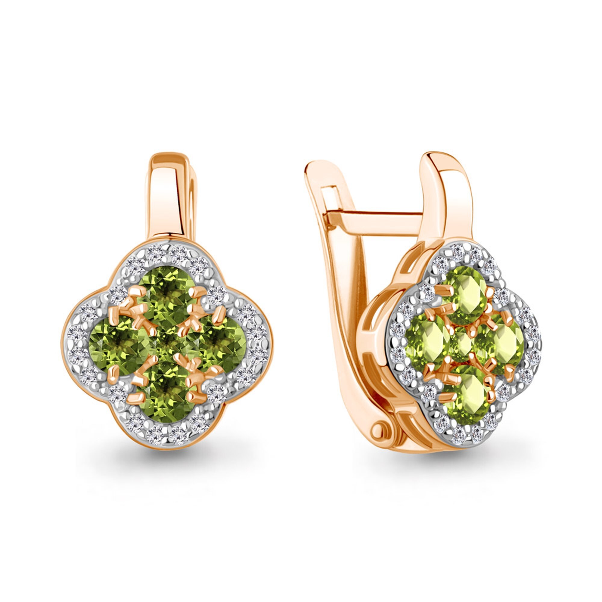 Серьги Diamant online, серебро, 925 проба, золочение, хризолит, фианит, длина 1.6 см, , темно-зеленый