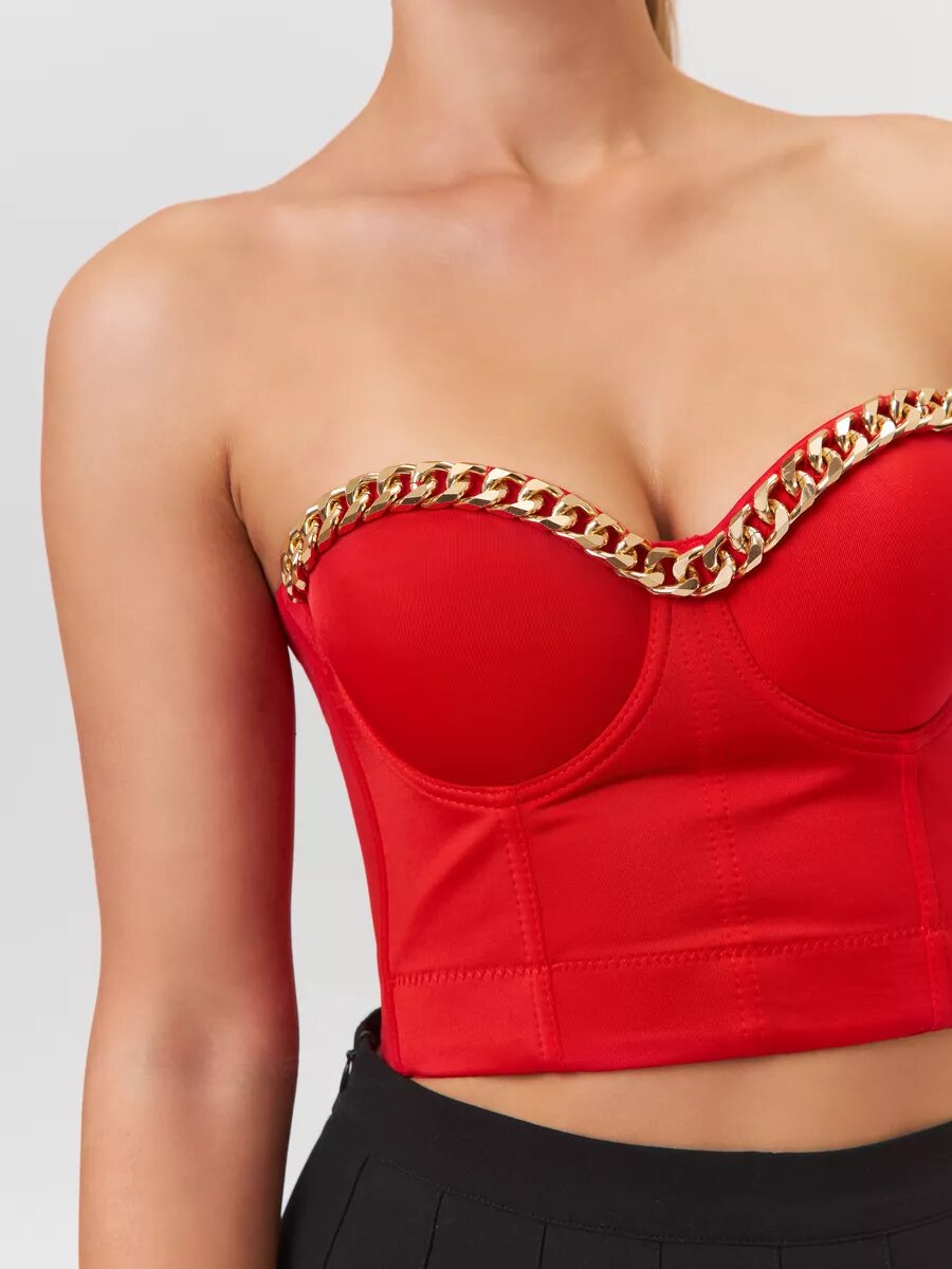Красивый обтягивающий женский топ корсет с цепью красный черный
