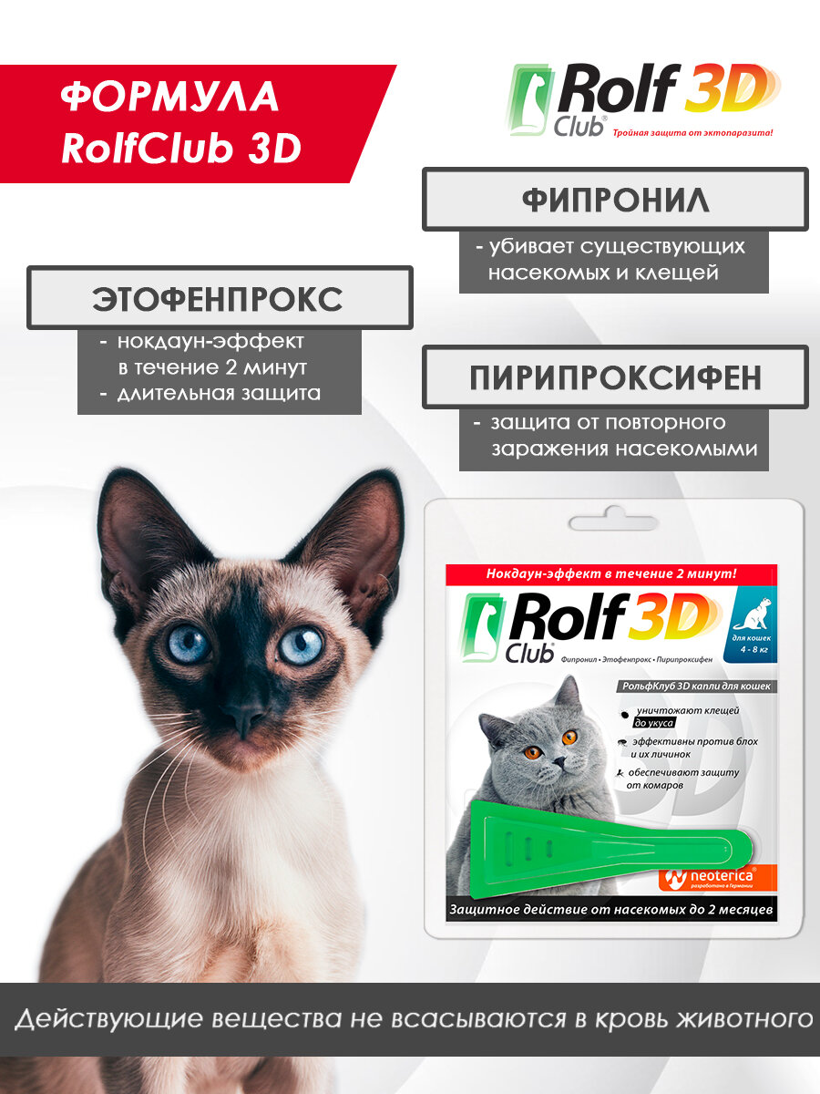 Рольф Клуб 3D от клещей и блох, для кошек 4-8 кг, капли на холку, 0,8 мл. (1 пипетка) — фото 1