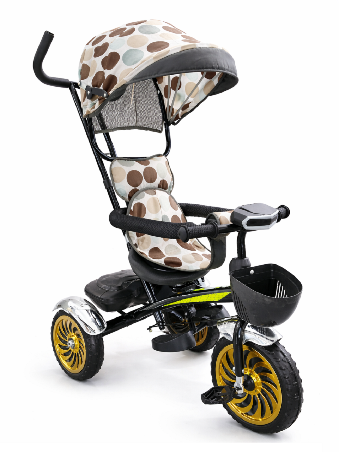 Детская велоколяска с зонтиком, багажником, корзинкой и ручкой для родителей