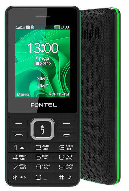 Мобильный телефон Fontel FP240, сотовый телефон, черный+зеленый