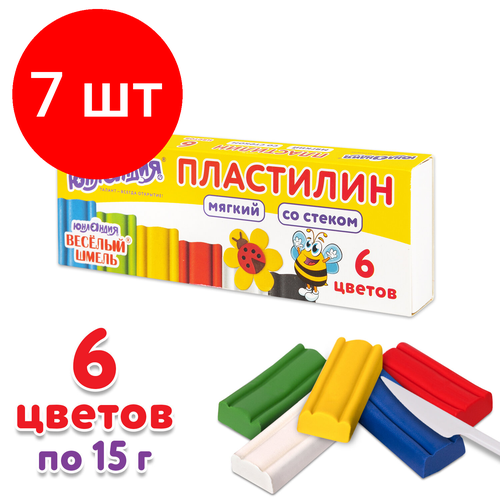 Комплект 7 шт, Пластилин мягкий юнландия веселый шмель, 6 цветов, 90 г, со стеком, 106671 пластилин 36 цветов юнландия веселый шмель 720г со стеком 3 уп 106434