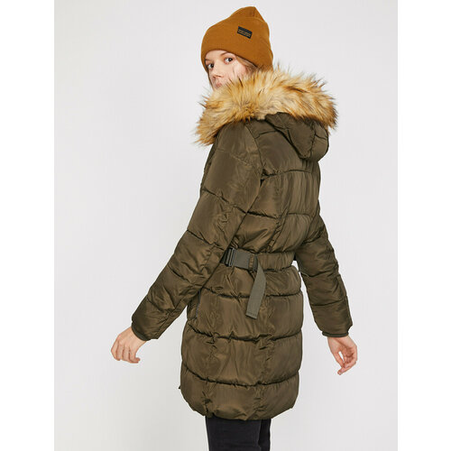 KOTON, размер 36, хаки пальто из искусственного меха длинное зимнее утепленное однотонное приталенное с капюшоном из искусственного меха