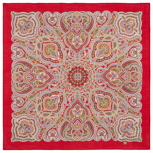 Платок Павловопосадская платочная мануфактура,89х89 см, бежевый, красный павловопосадский платок 10386 12