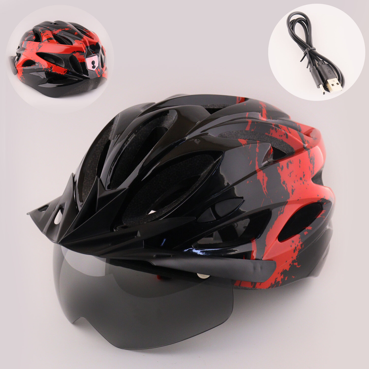 Шлем велосипедный с магнитным визором и задним фонарем LED, USB зарядка (черно-красный) HO-86