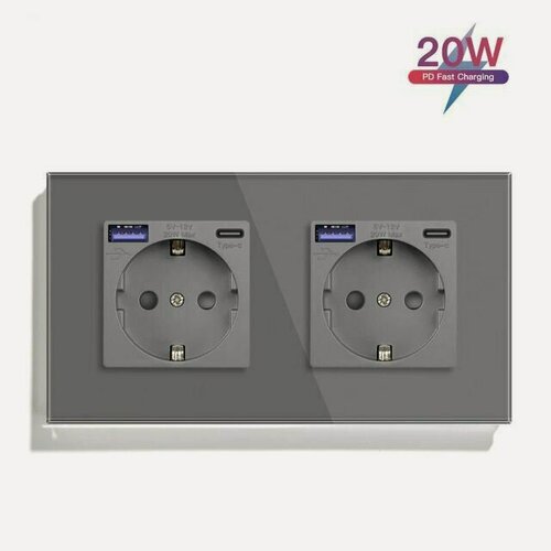 Изображение товара Розетка электрическая 2 поста с Usb/Type-C АC, быстрая зарядка 20W, цвет серый