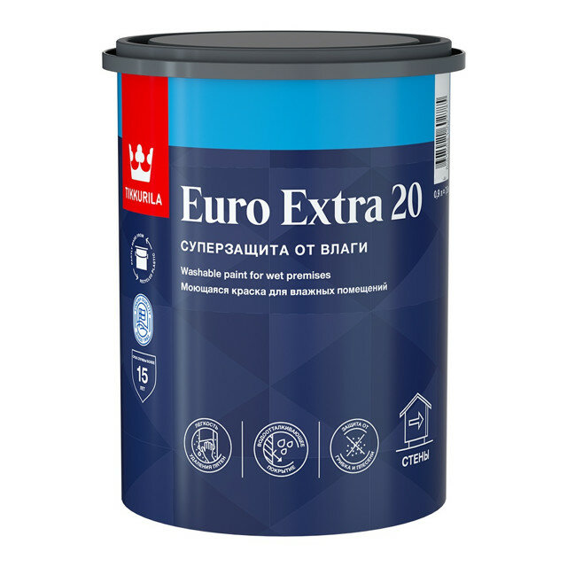 Краска акриловая tikkurila euro extra 20 база с для стен и потолков 0,9л бесцветная, арт.700001108