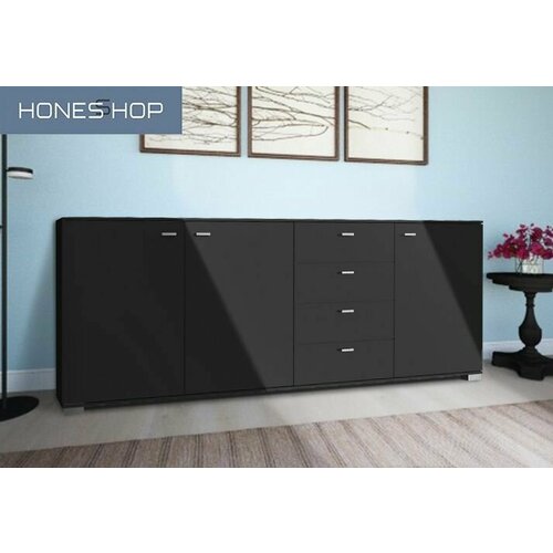 Комод Лира ЛДСП корпус черный шагрень фасад черный глянец 160х40х90 29641₽