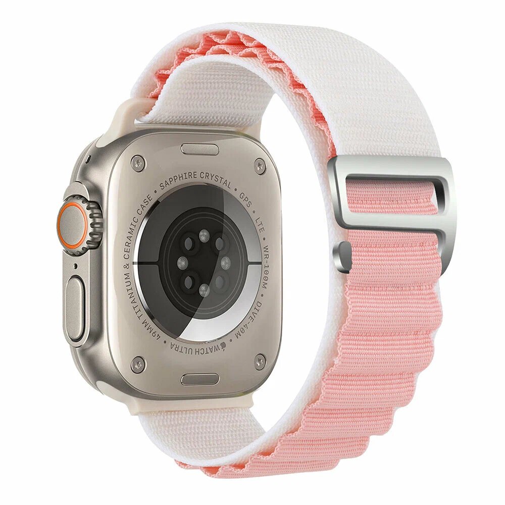 Ремешок для смарт-часов X8+ Ultra / X8 Ultra / X8 Pro+ / X8 Pro / Apple Watch, Alpine Loop, тканевый белый с розовым, 42-49mm