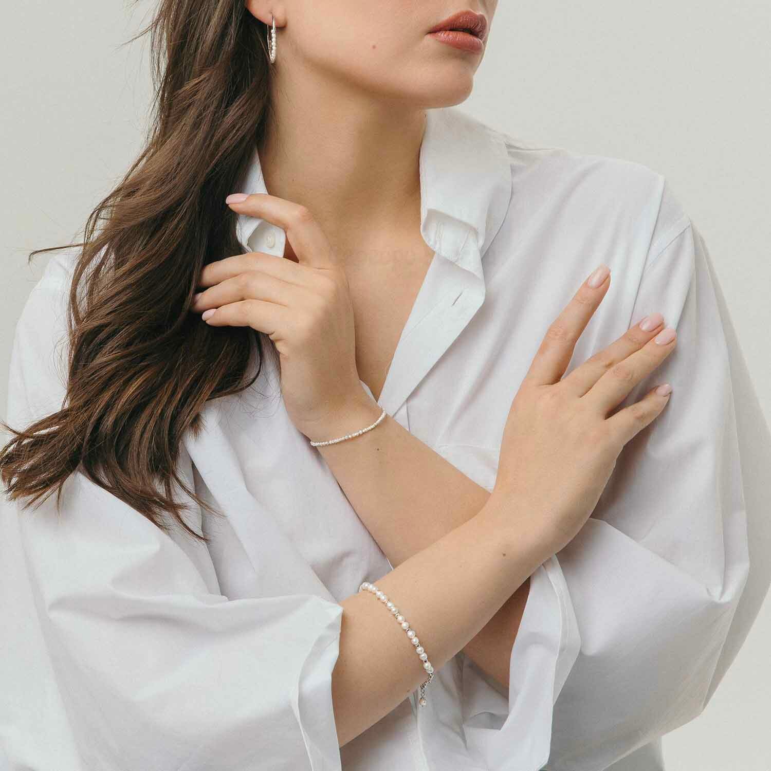 Браслет Sirius Jewelry, серебро, 925 проба, родирование, жемчуг культивированный, длина 18 см., серебристый/белый — фото 1