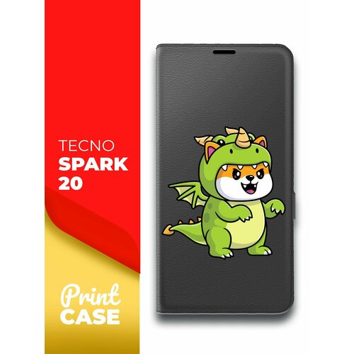 Чехол на Tecno Spark 20 (Техно Спарк 20) черный книжка эко-кожа подставка отделением для карт и магнитами Book case, Miuko (принт) Котик Дракон чехол на tecno spark 10 pro техно спарк 10 про черный книжка эко кожа подставка отделением для карт и магнитами book case miuko принт котик chill