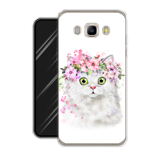 Силиконовый чехол на Samsung Galaxy J5 2016 / Самсунг Галакси J5 2016 Белая кошка с цветами силиконовый чехол на samsung galaxy j5 2016 самсунг галакси джей 5 2016 роза в краске