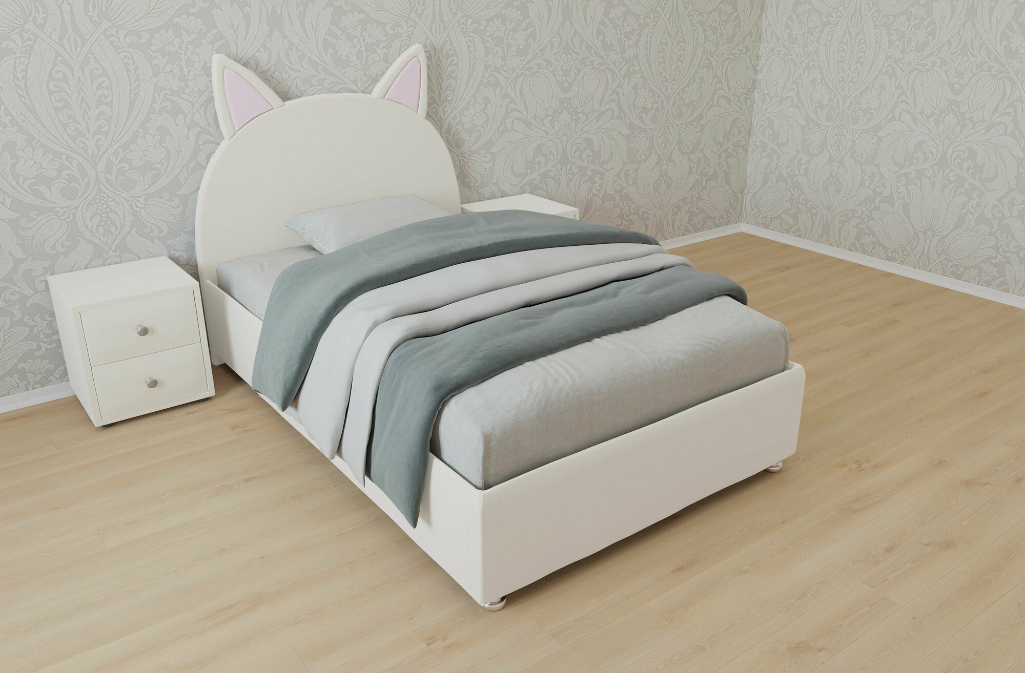 Односпальная кровать Китти 120x200 основание металлическое с ламелями велюр белый без ножек