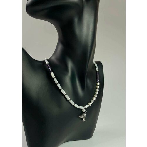 Чокер, аметист женское ожерелье с мелкой и крупной цепочкой и жемчугом
