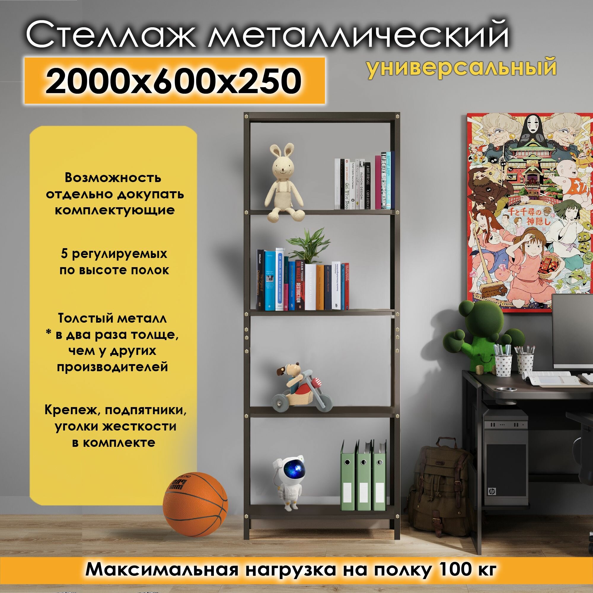 Стеллаж металлический для хранения 5 полок 2000x600x250