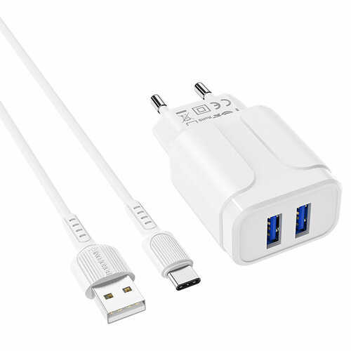 Сетевое зарядное устройство 2xUSB с кабелем USB Type-C Borofone BA37A Speedy - Белое