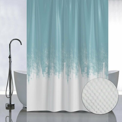 Штора с рельефным теснением, принт переход - бирюза, в ванную комнату, без колец, полиэстер/микрофибра, 180х180 см.