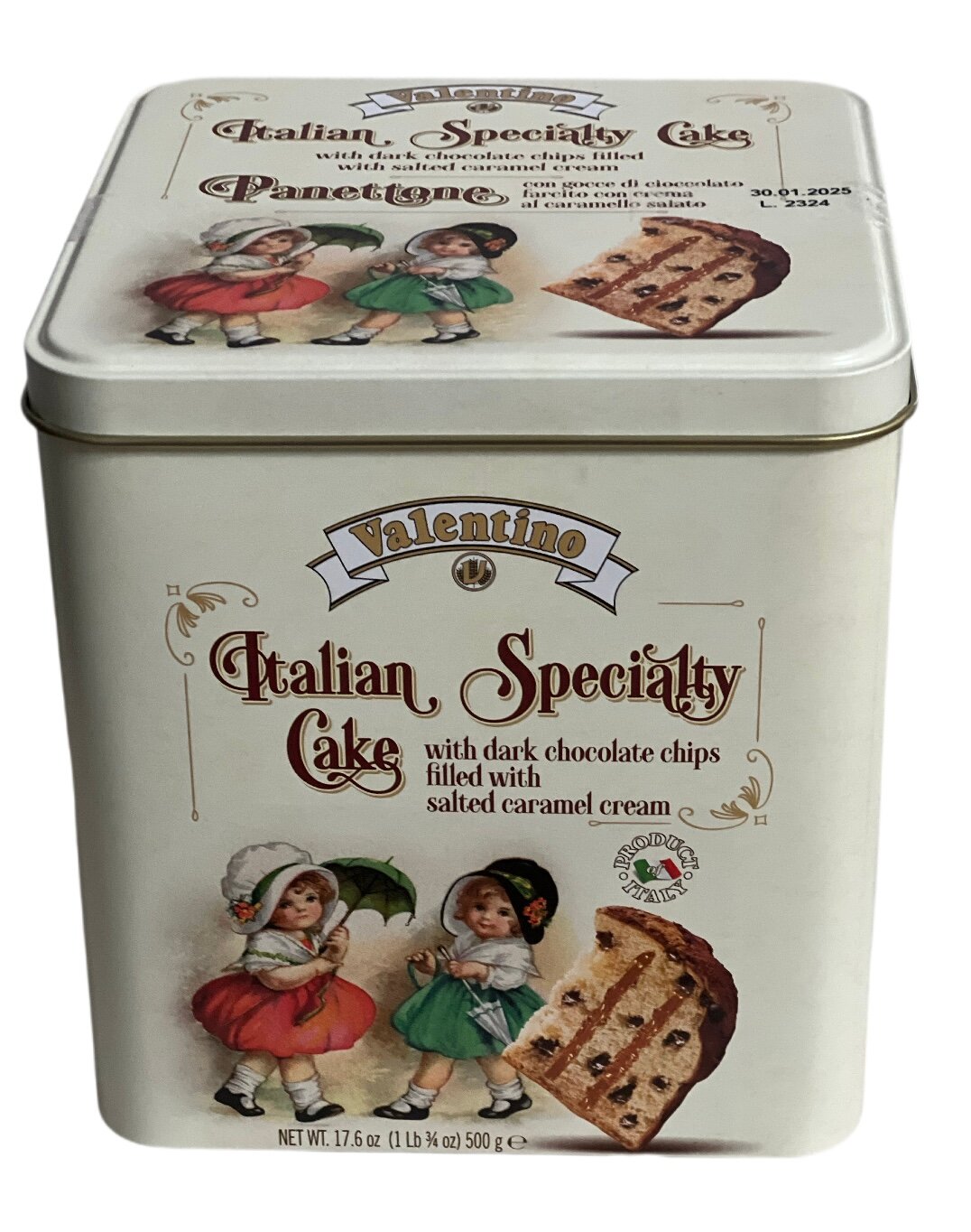 Кекс (кулич) VALENTINO Panettone, карамелью и кусочками шоколада, ж/б, 500 гр., Италия - фотография № 1