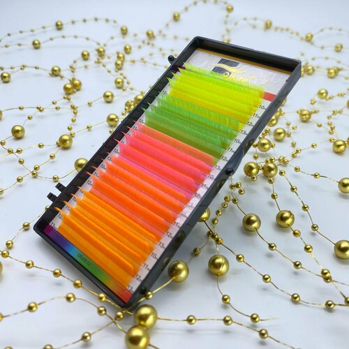 Ресницы Ollure NEON Mix (желт, зел, роз, кр, оранж) (Изгиб: M, Толщина: 0.07, Микс длин: 6-9мм)