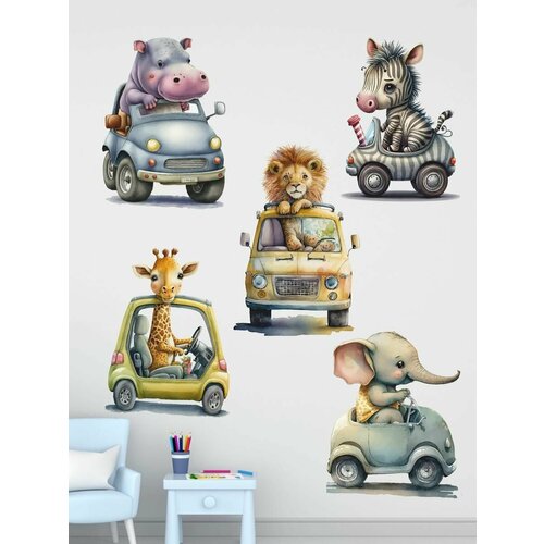 Интерьерные наклейки на стену для декора и интерьера дома/ stiker / зверюшки на машинках 002