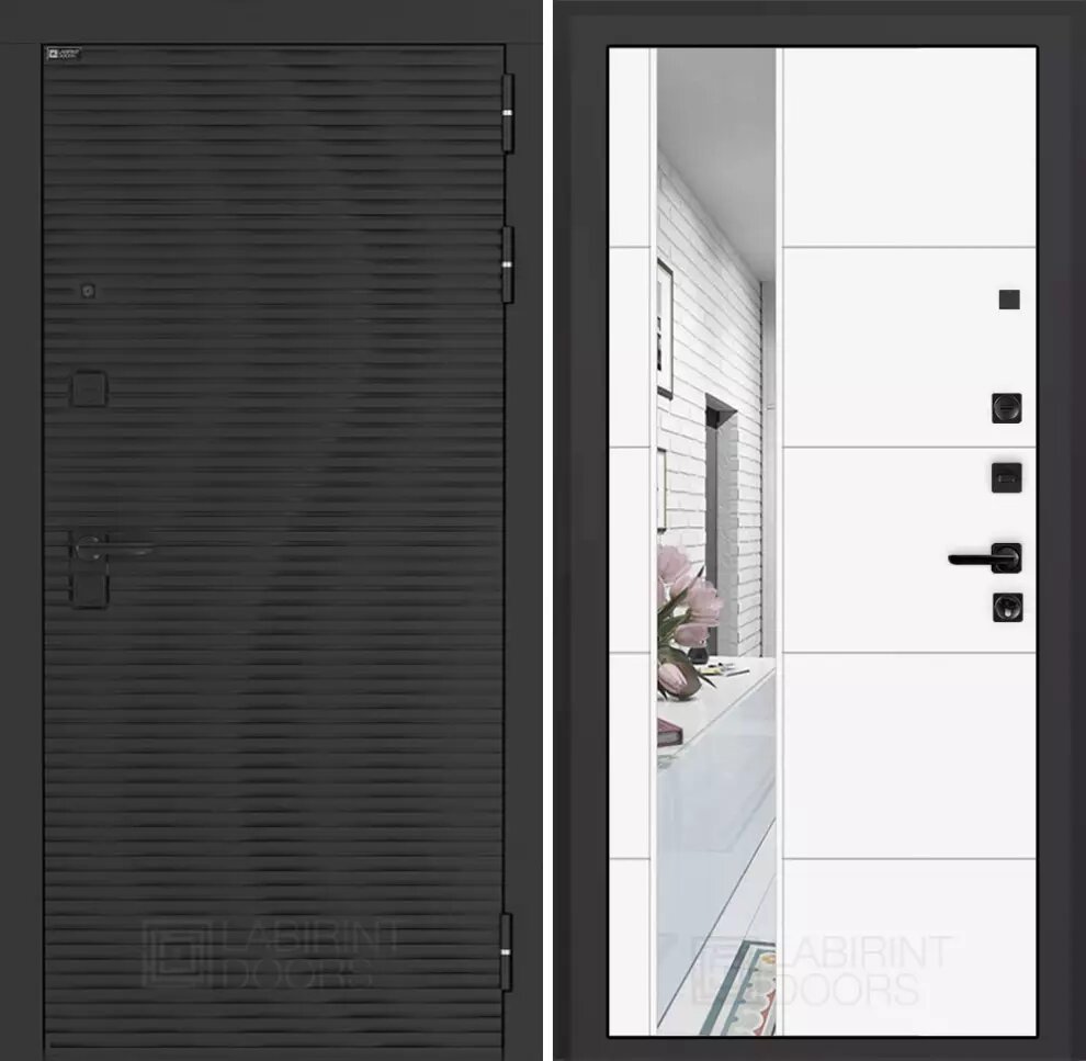 Входная дверь VOLCANO с внутренней панелью 19 зеркало , цвет белый софт, размер по коробке 880х2050, левая