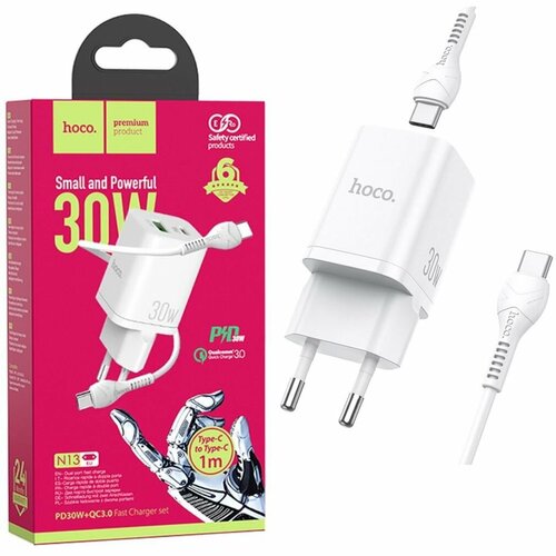 Сетевое зарядное устройство Hoco N13 Bright PD30W+QC3.0 charger set (Type-C To Type-C), белый блок питания сетевой адаптер ldnio pd qc 3 0 выходы 20w с кабелем usb apple 8 pin a2316c белый