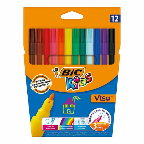 Фломастеры универсальные Bic Kids visa смываемые 12 цветов