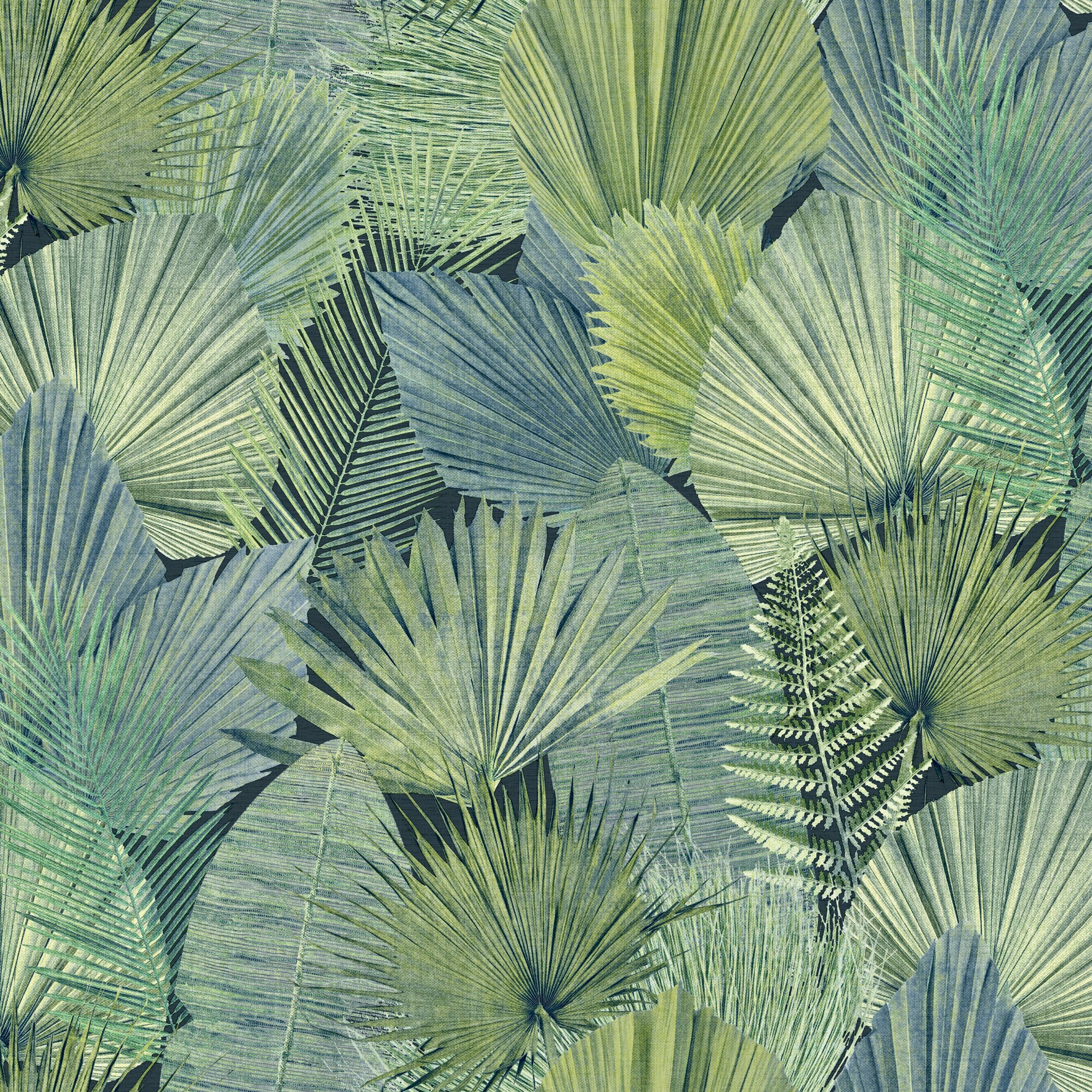 Обои антивандальные, винил горячего тиснение, моющиеся на флизелиновой основе Wall Up Holiday 1.06м х 10.05м, пальмовые листья, под натуральные обои, цвет сине-зеленый, матовый