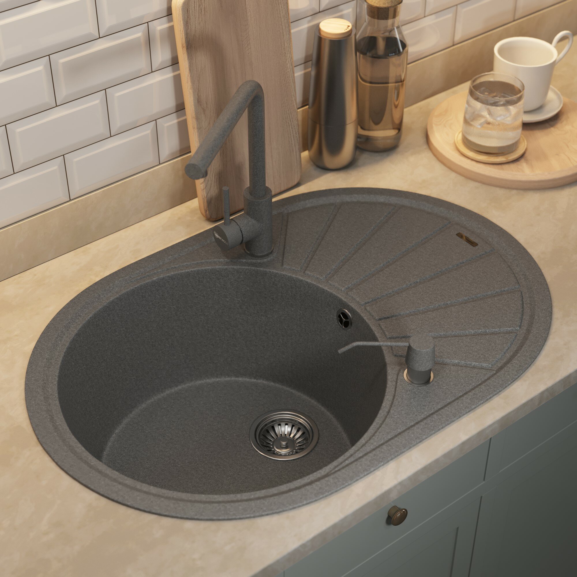 фото Кухонная мойка кварцевая Uperwood Quartz UPD-02-03, овальная, серая