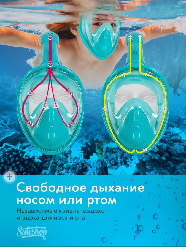 Детская подводная маска бирюзовая для снорклинга с креплением для экшн-камеры\Полнолицевая маска для сноклинга XS