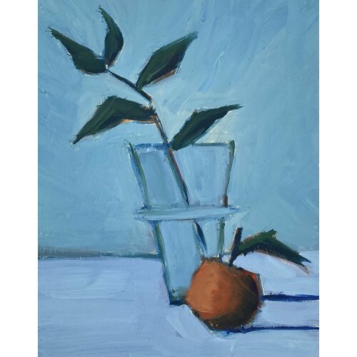 Стакан с ветвью и мандарин, холст маслом современный художник Петербург Черешня натюрморт