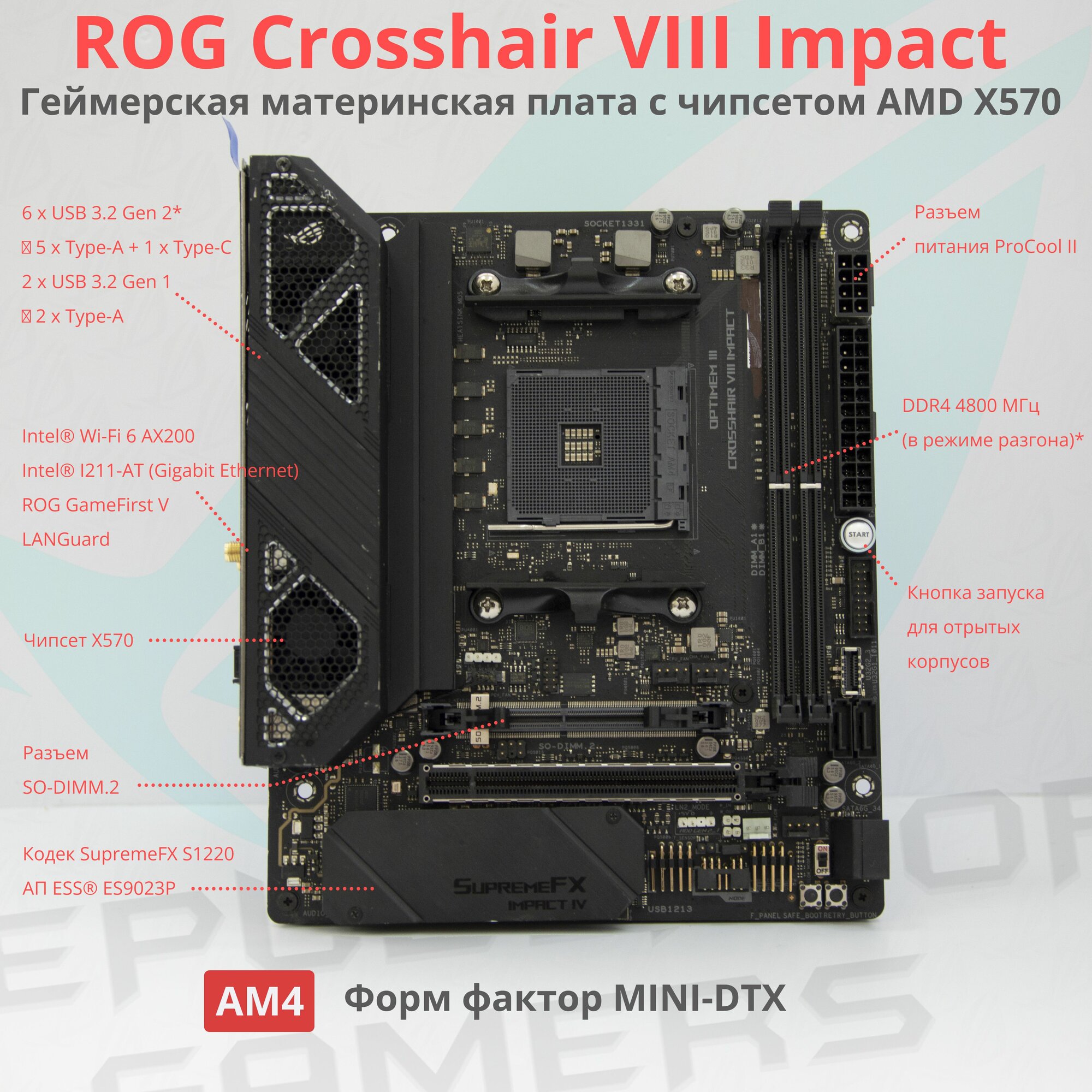 Материнская плата ASUS ROG Crosshair VIII Impact AM4 DDR4 Wi-Fi + BT M.2 Mini-DTX