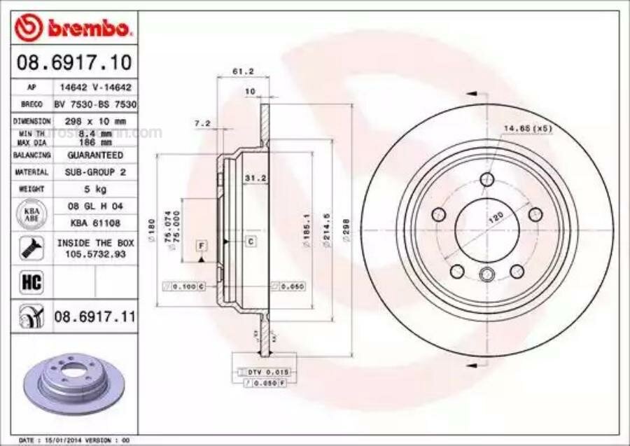 BREMBO 08691711 08.6917.11_диск тормозной задний!\ BMW E39 2.0-2.5TD M47/M51/M52/M54 95-03