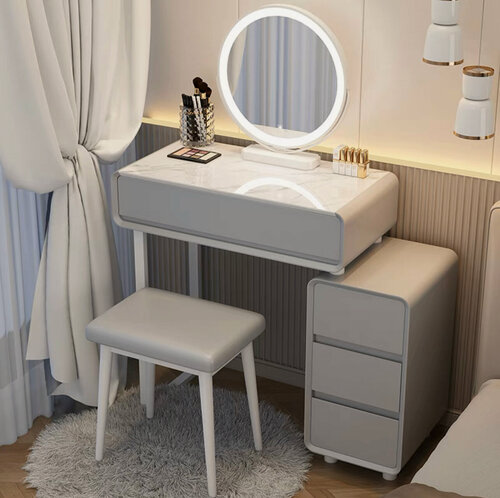 Изображение товара Туалетный столик Leah (Комплект серый стол 60 см / белое зеркало / форма зеркала на выбор / столешница керамика / стул)