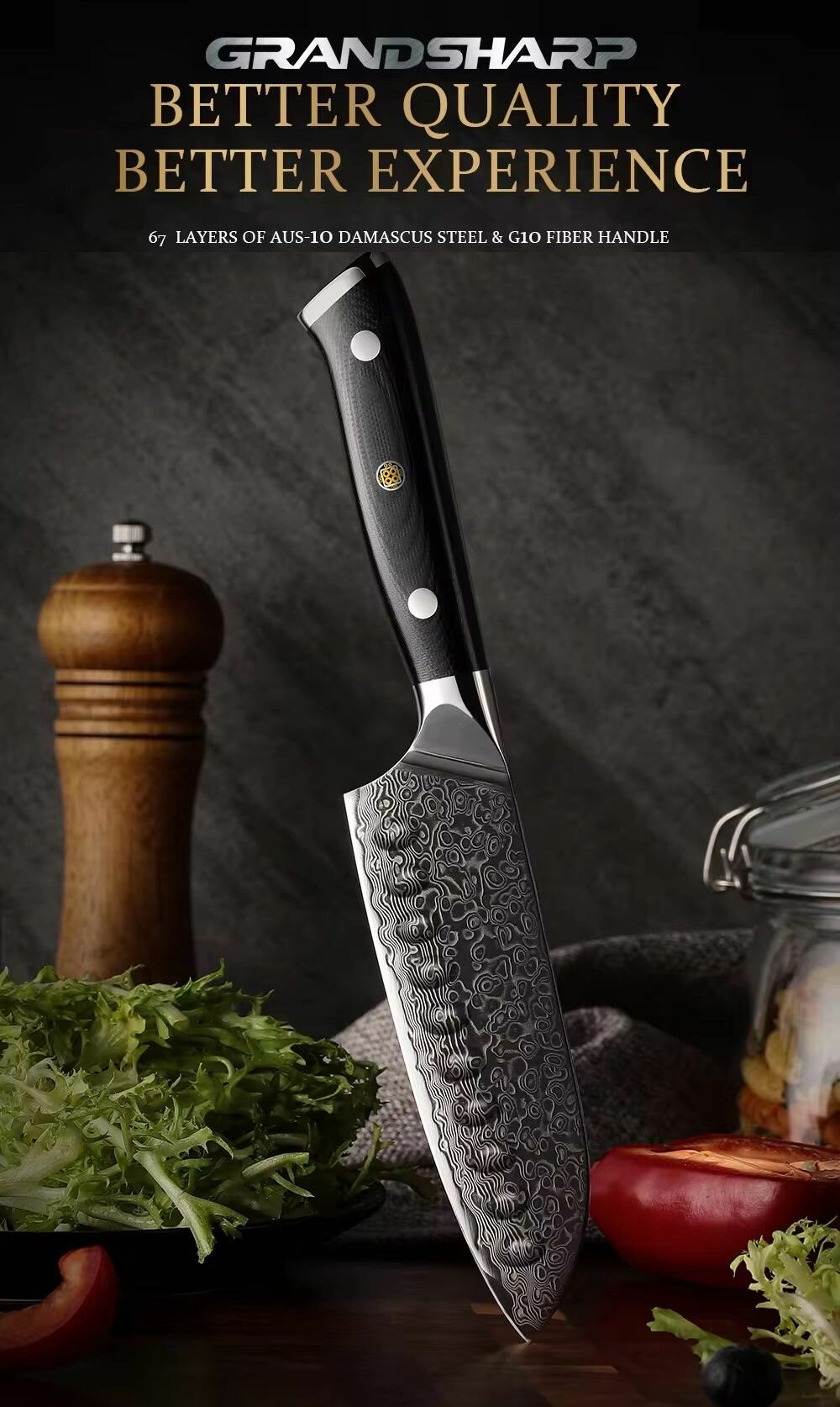 Высококачественный японский кухонный нож Santoku GRANDSHARP из дамасской стали AUS10 с ручкой G10 / сантоку длина лезвия 12.5 см