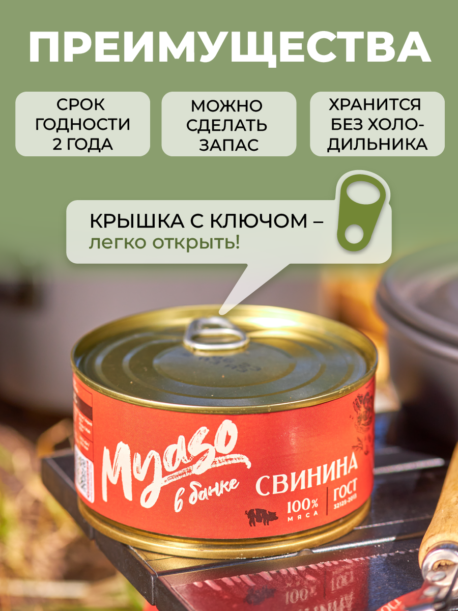 Тушенка, консервы мясные, свинина тушеная, свиная тушенка, Томленая фермерская свинина высший сорт 325 гр. "Мясо в банке" - 2 шт