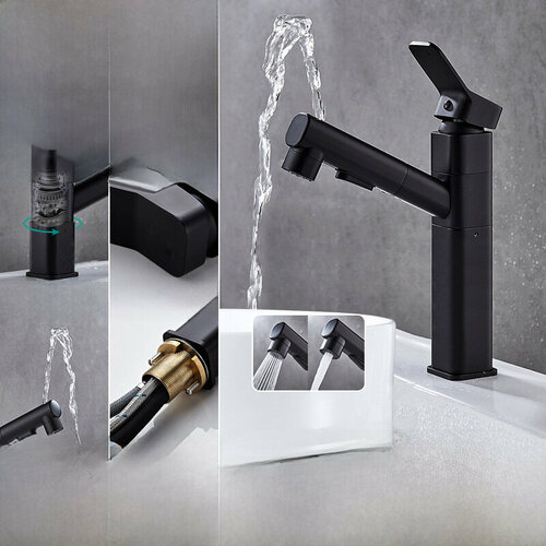 Смеситель для раковины с выдвижной лейкой ther черный