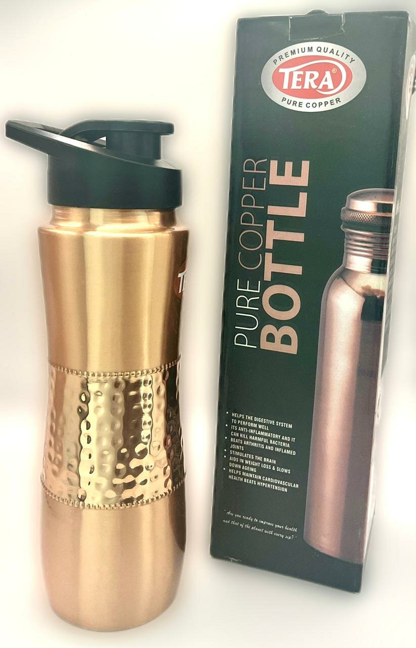 фото TERA медная бутылка С пластиковой крышкой И резиновой прокладкой Для настаивания медной воды (разный дизайн, высота 24 см, диаметр дна 6,5 см.), 1 шт.