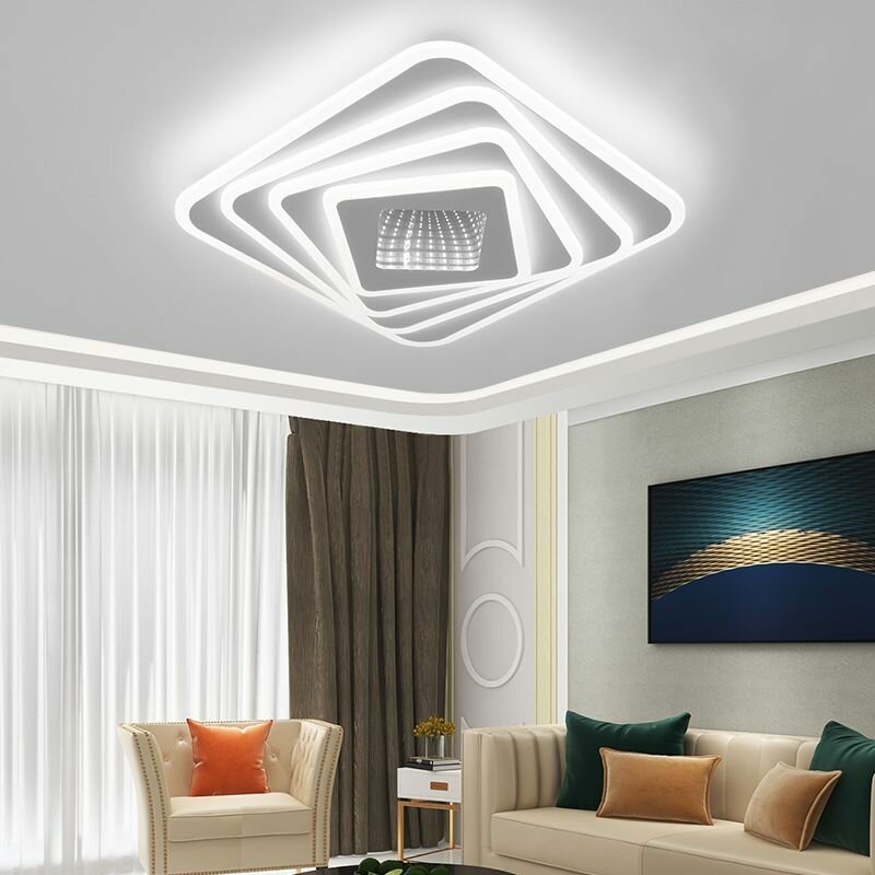 фото 4-слойная квадратная люстра, Среднее зеркало, с дистанционным управлением, для украшения дома, для гостиницы, столовой