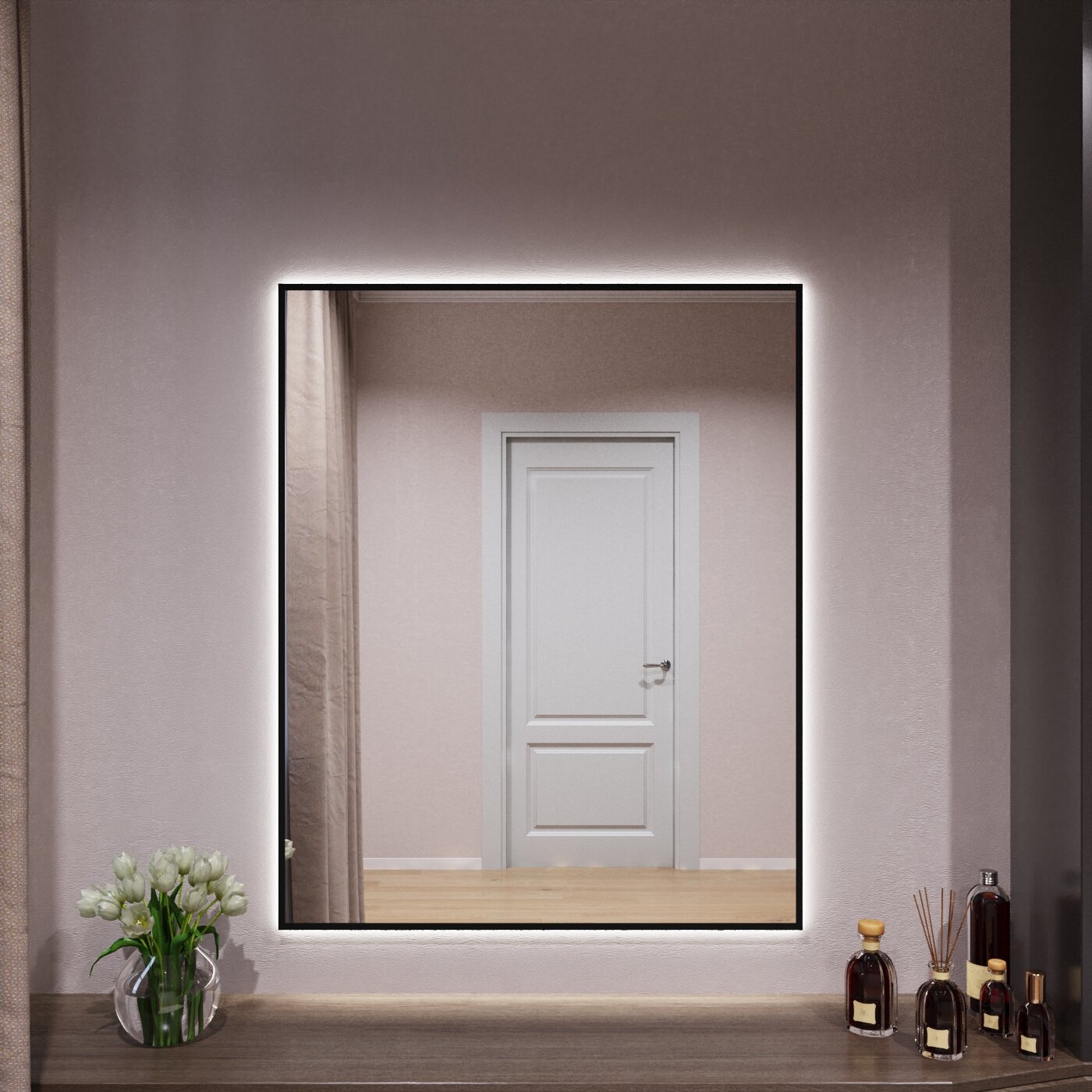 Зеркало с подсветкой в алюминиевой раме настенное Market-house 100х90 см. Свет: Нейтральный Белый 6000К. Черное