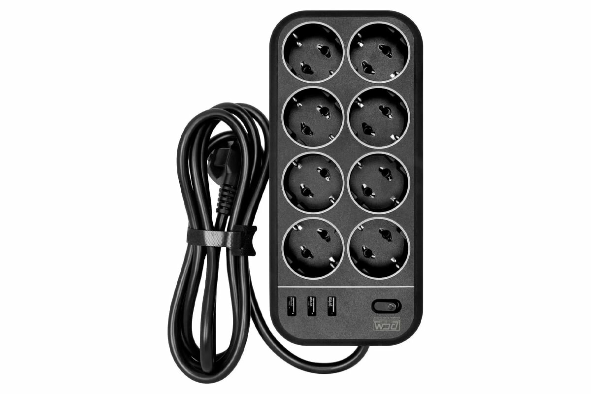POWERCOM SP-08 USB03AB сетевой фильтр 8 розеток 1,8 м черный в коробке 1928702