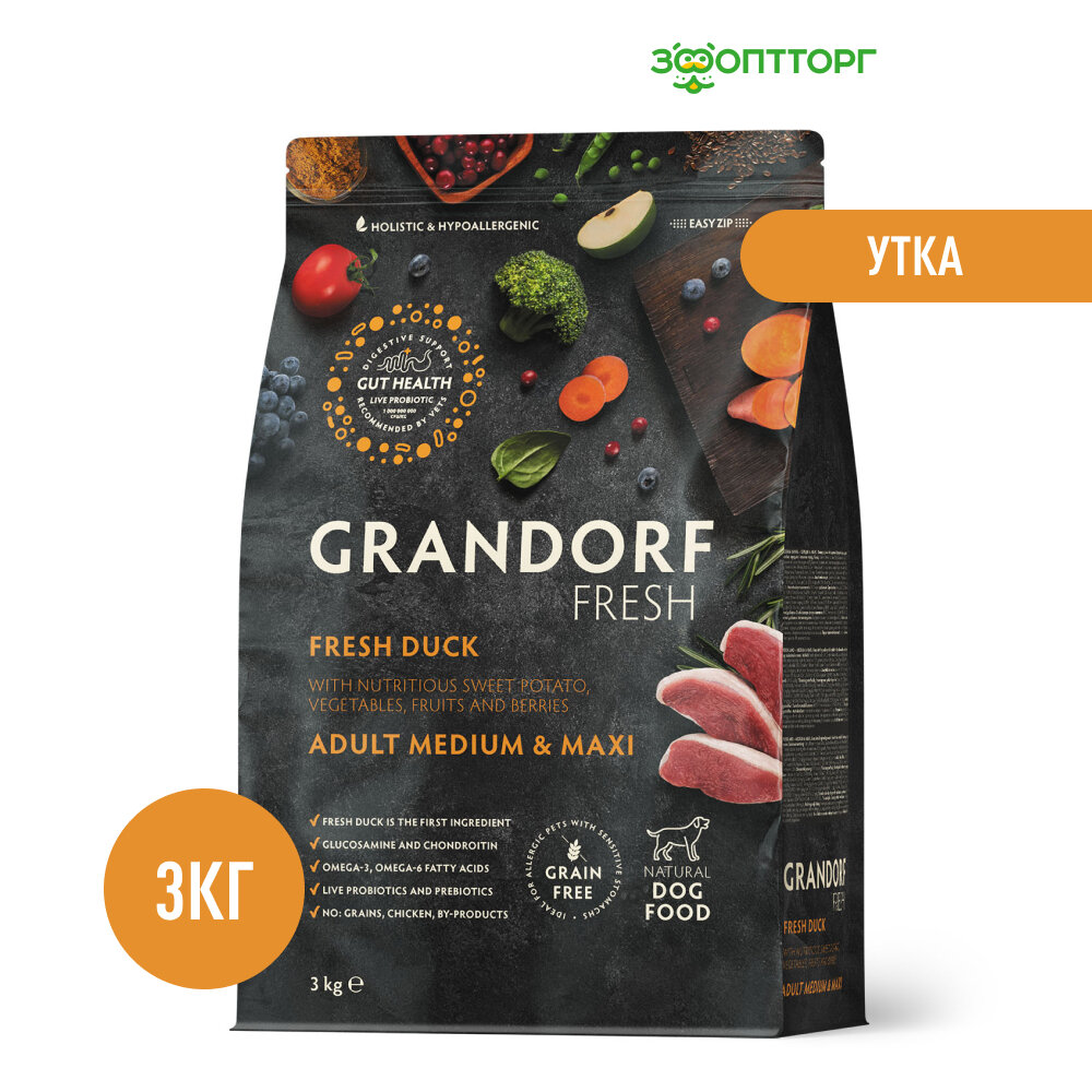 Grandorf Fresh Dog Adult Medium&Maxi беззерновой корм для взрослых собак средних и крупных пород Утка с бататом, 3 кг. — фото 1