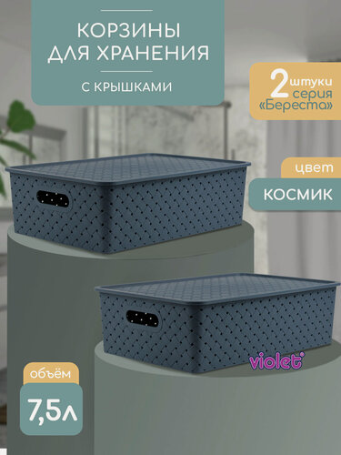 Изображение товара Корзина для хранения Береста 7.5л с крышкой, набор 2шт, цвет космик / контейнер / хозяйственная коробка