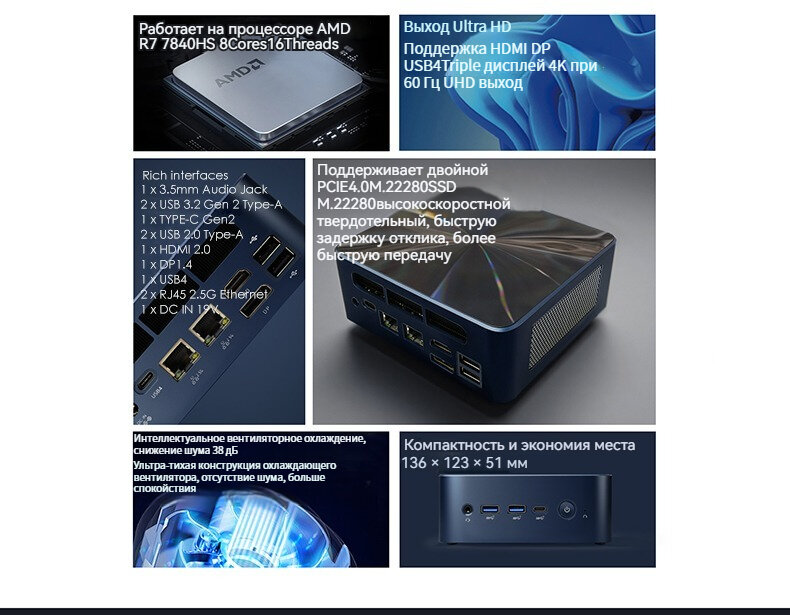 Мини ПК BRENUC N7P AMD Ryzen 7 7840HS, RAM 16 ГБ, SSD 1024 ГБ, AMD Radeon 780M Graphics, Win11 Pro), тёмно-синий — фото 1