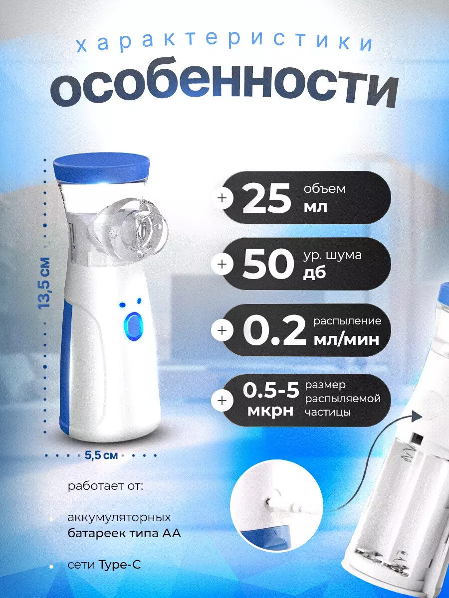 Ингалятор-небулайзер, меш, от батареек/сети, портативный 0.5-5.0 мкм — фото 1