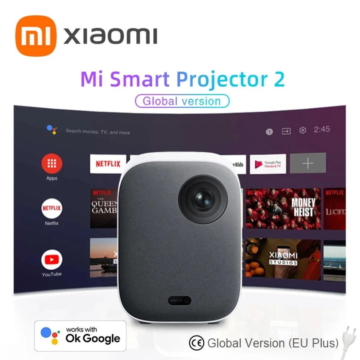 Гобо-проектор Глобальная версия Xiaomi Mi Smart Projector 2 автофокусом и коррекцией трапецеидальных искажений Dolby, черный